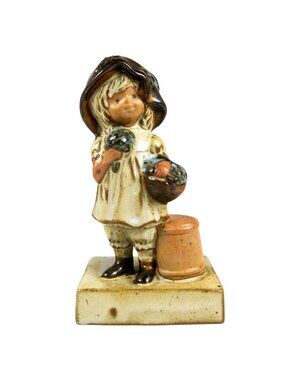Vintage Japan Stoneware Girl with Basket Figurine – 6 Inch Ceramic Figure